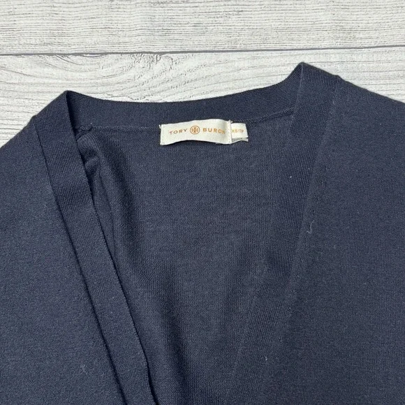 Tory Burch Simone Cardigan Wool Navy XS Logo Button Preppy V-Neck - Picture 2 of 5